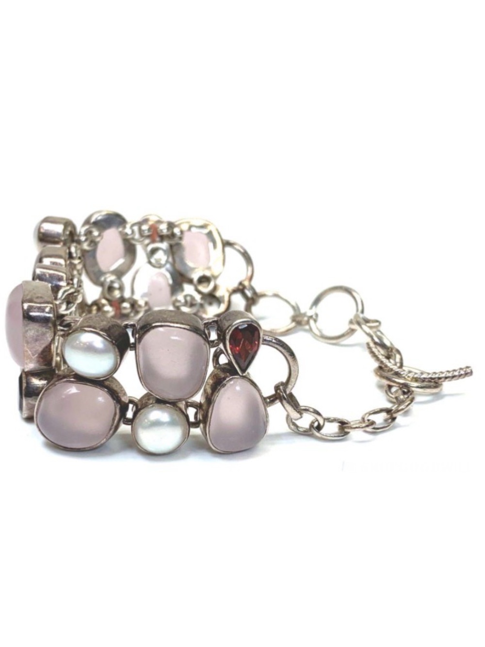 Sterling Silver Pink Rose Quartz, Pearl & Garnet Link Bracelet